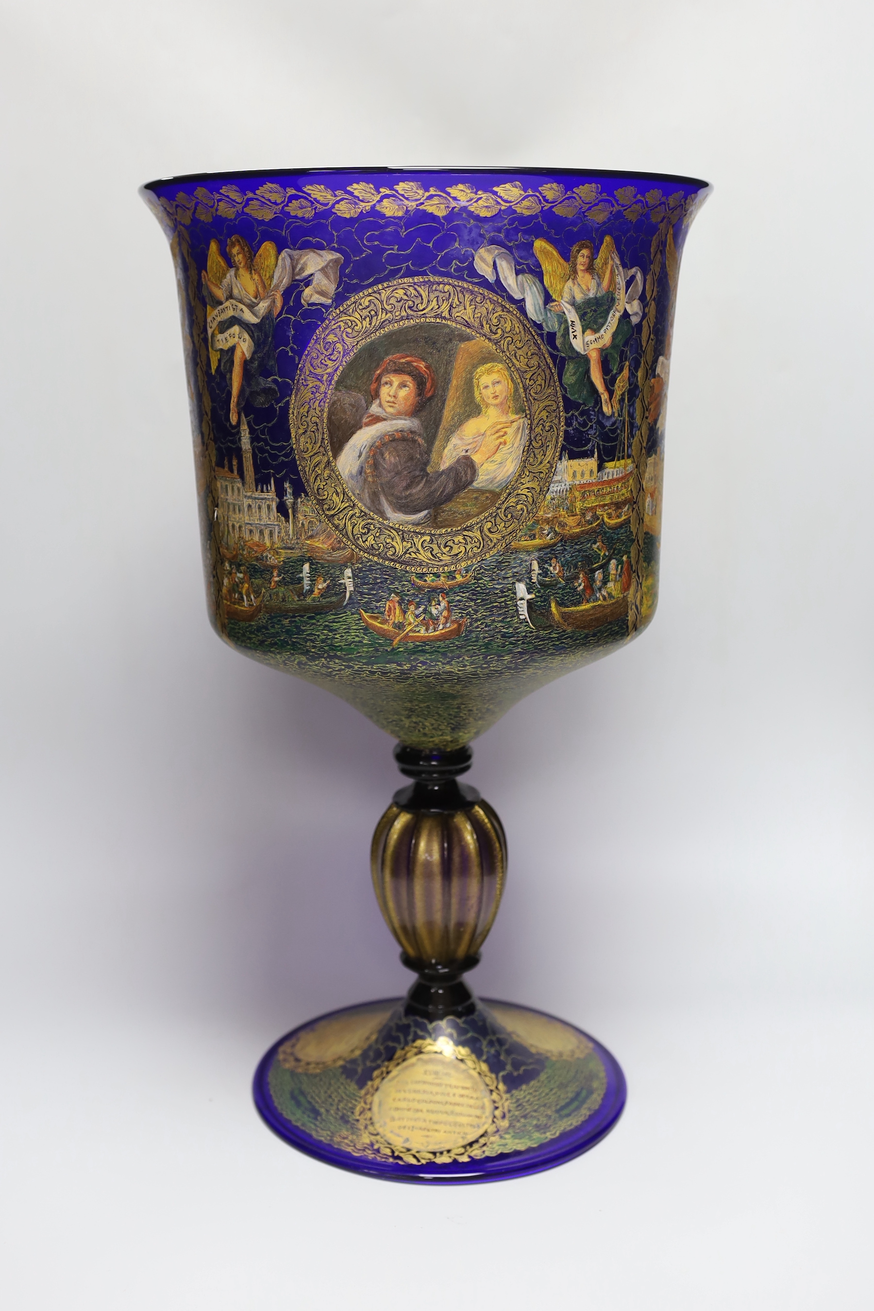 A large Barovier style Murano enamelled and gilded glass presentation goblet, 51cm